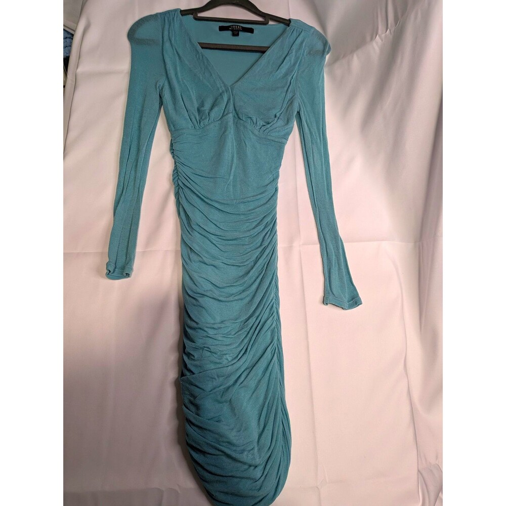 GUESS Women's Blue Solid Knit Ruched V-Neck Long Sleeve Bodycon Midi Dress 2XS